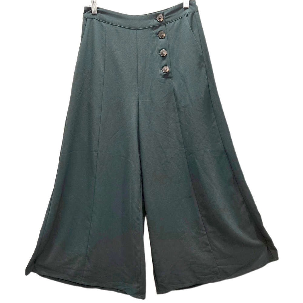 Elodie Dark Green High Waisted Wide Leg Cropped Trousers Side Buttons Size M - Picture 2 of 9